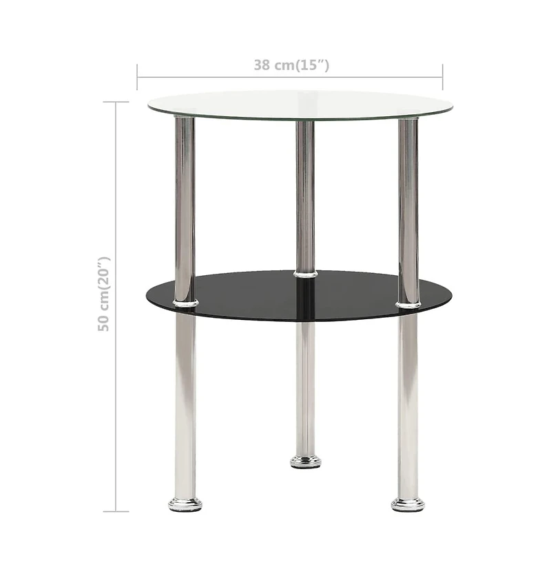 vidaXL 2-Tier Side Table Transparent & Black 15" Tempered Glass