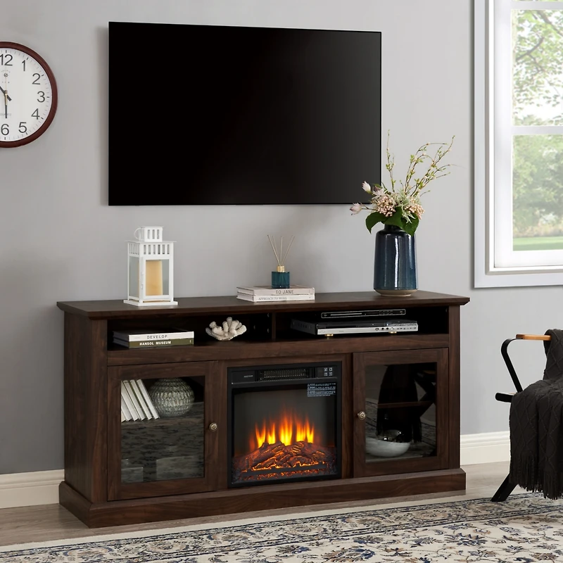 Simplie Fun Modern Tv Media Stand with 18" Fireplace Insert, 60" Wx15.75" Dx29"