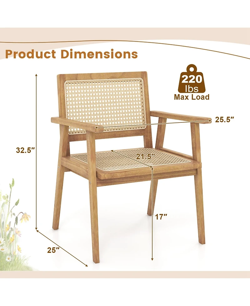 1 Pcs Outdoor Wood Chair Teak Wood Armchair with Rattan Seat & Back Patio Chair for Porch