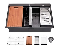 Streamdale Furniture Workstation 33-inch Drop-In Kitchen Sink R10 Radius Stainless Steel Kitchen Sink Single Bowl with Integrated Ledge & Accessories