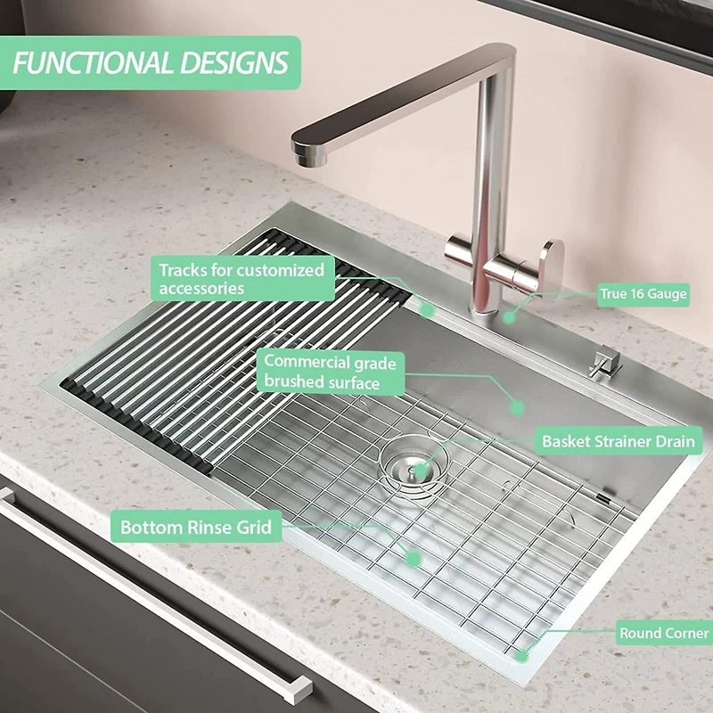 Streamdale Furniture Workstation 33-inch Drop-In 16 Gauge Kitchen Sink R10 Radius Stainless Steel Kitchen Sink Single Bowl with Integrated Ledge & Acc