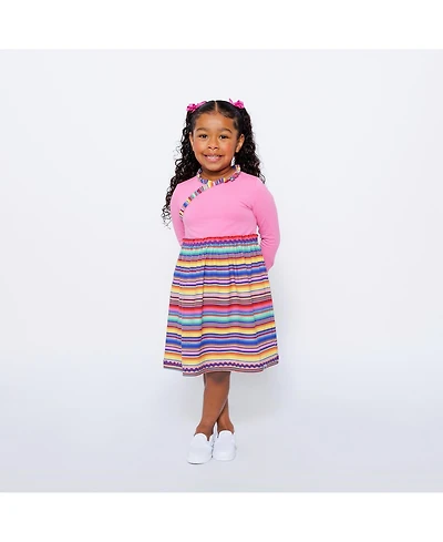 Mixed Up Clothing Girls Long Sleeve Ruffle Trim Dress - Fiesta Stripes