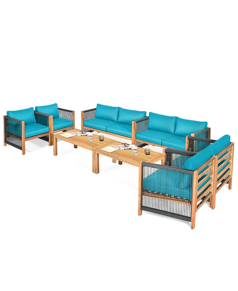 Gymax 8PCS Acacia Wood Outdoor Patio Furniture Conversation Set W/ Turquoise Cushions