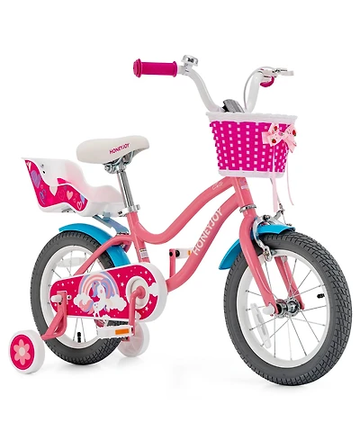 Gymax 14 Inches Kids Bicycle w/ Doll Chair & Basket Kids Bike w/ Training Wheels Pink