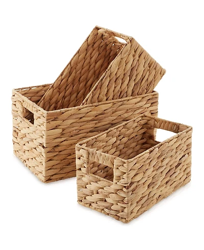 Casafield Set of 3 Water Hyacinth Storage Baskets with Handles - Small, Medium, and Large Woven Nesting Storage Bin Organizers for Shelves - Natural