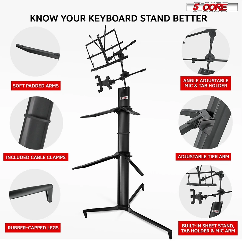 5 Core 2 Tier Column Keyboard Stand Riser Piano Holder Heavy Duty Aluminium Built Attached Adjustable Music & Mic Stands Height 51.2 Inch for 61 76 88