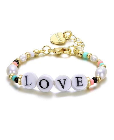 GiGiGirl 14k Yellow Gold Plated Multi Color Beads Bracelet with Freshwater Pearsl and Love Tag in Circular Charms for Kids