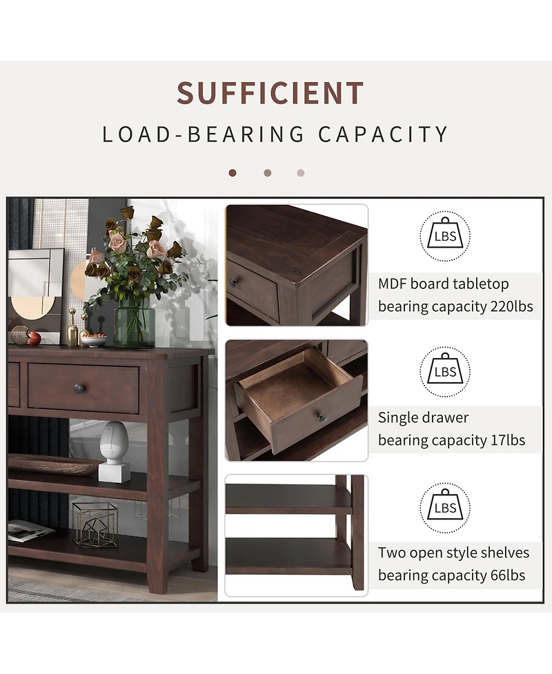 Simplie Fun Retro Design Console Table With Two Open Shelves, Pine Solid Wood Frame And Legs