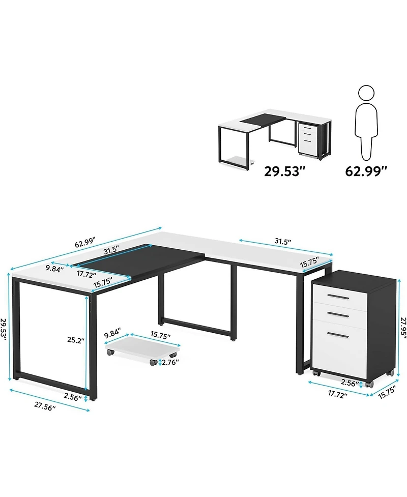 Tribesigns 62.99" L-Shaped Computer Desk with Mobile File Cabinet, Large Executive Office Desk with 3-Drawer Vertical Filing Cabinet, Business Fu