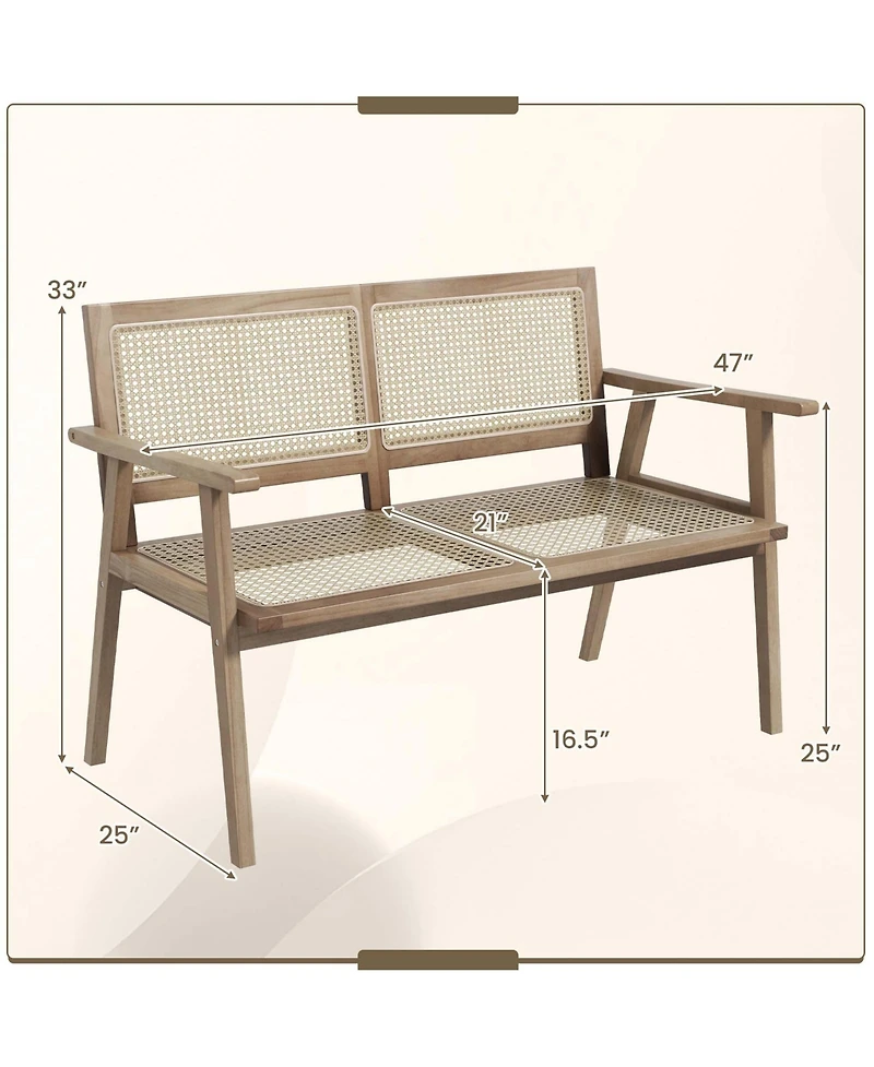 Costway Teak Wood Garden Bench 2-Person Bench with Armrests, Rattan Backrest & Seat