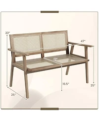 Costway Teak Wood Garden Bench 2-Person Bench with Armrests, Rattan Backrest & Seat