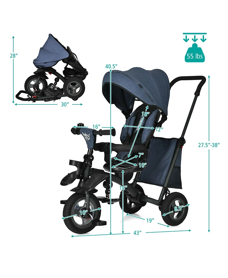 Costway 7-In-1 Kids Baby Tricycle Folding Steer Stroller w/ Rotatable Seat