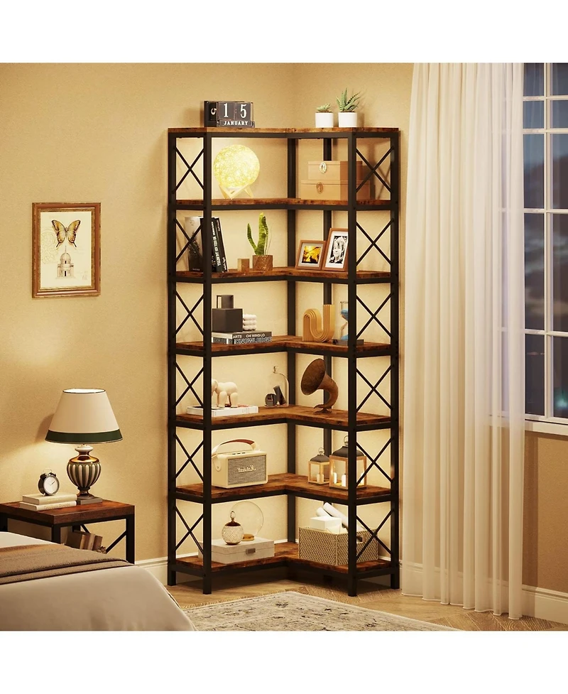 Tribesigns 7-Tier Corner Bookcase, Industrial Large Corner Bookshelf, Tall Corner Shelf Storage Display Rack with Metal Frame for Living Room Home Off