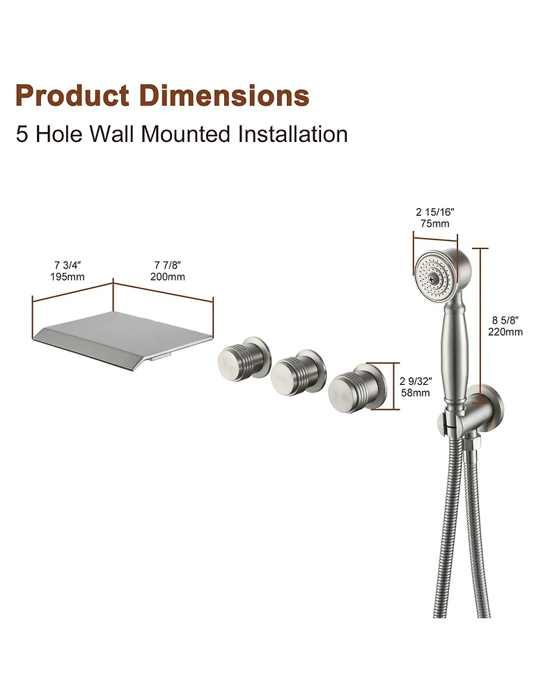 Mondawe 3-Handle Waterfall Wide-Spray High Pressure Tub and Shower Faucet in Matte Black With Valve