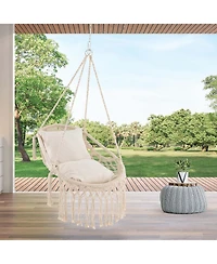 Costway Indoor Outdoor Macrame Swing with Soft Seat Cushions Sturdy Hanging Rope & Chain