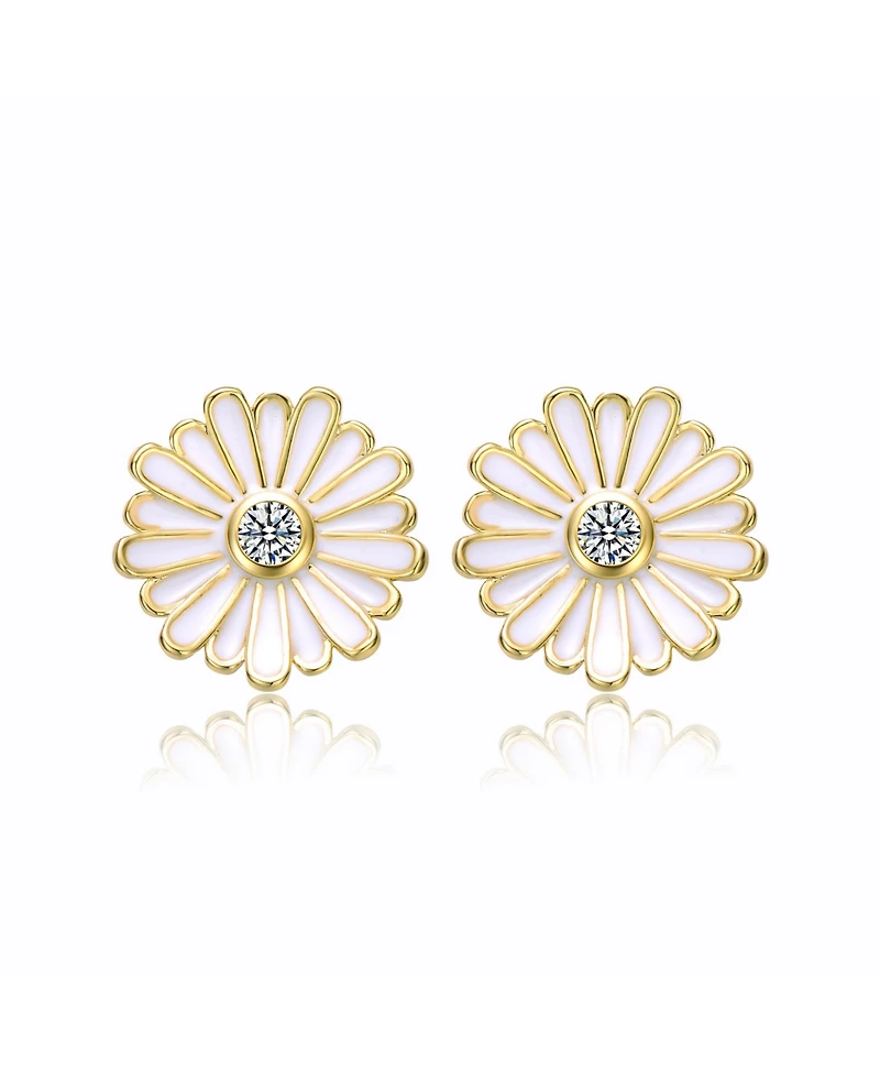 GiGiGirl Teens 14k Yellow Gold Plated with Cubic Zirconia White Enamel Blooming Daisy Flower Stud Earrings
