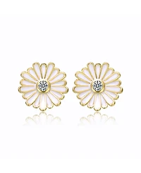 GiGiGirl Teens 14k Yellow Gold Plated with Cubic Zirconia White Enamel Blooming Daisy Flower Stud Earrings