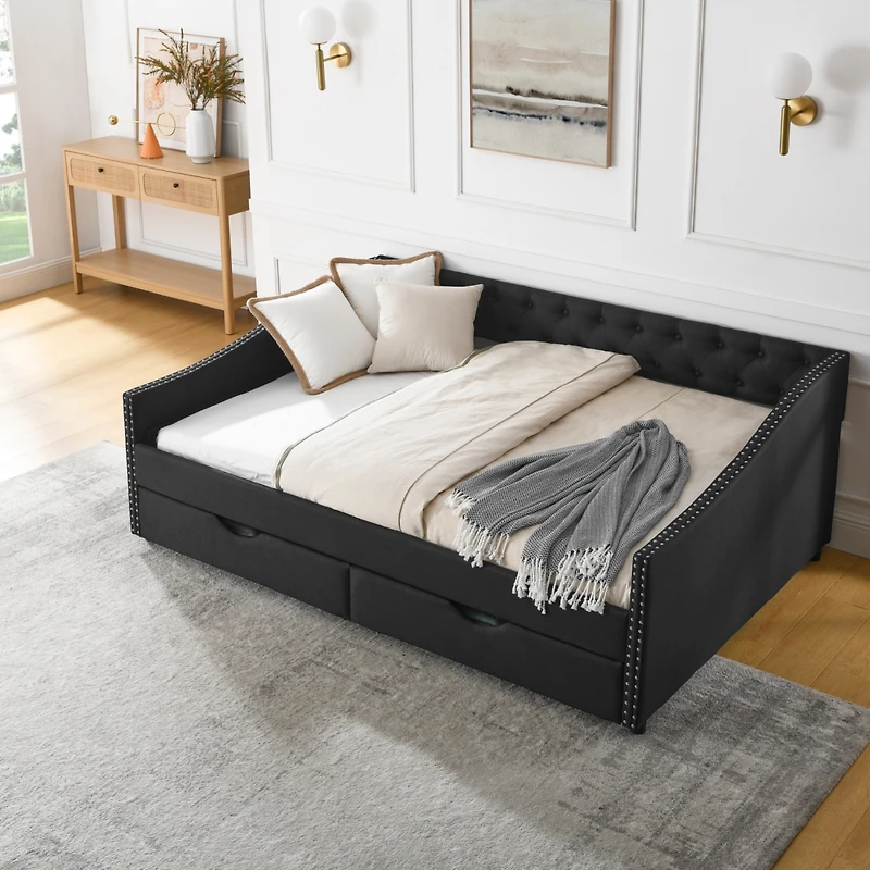 Streamdale Furniture Upholstered Tufted Daybed with Drawers and Copper Nail Detail
