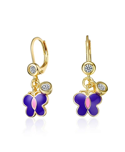 GiGiGirl 14k Yellow Gold Plated Butterfly Dangling earrings with Purple Enamel and Clear Cubic Zirconia for Kids