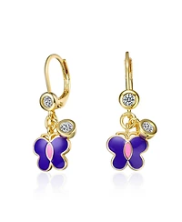 GiGiGirl 14k Yellow Gold Plated Butterfly Dangling earrings with Purple Enamel and Clear Cubic Zirconia for Kids