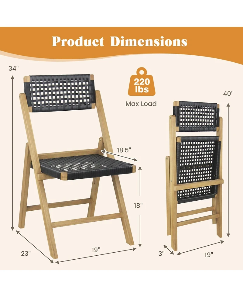 Costway 2 Piece Patio Folding Chairs with Woven Rope Seat & High Back Teak Wood for Porch