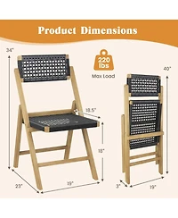 Costway 2 Piece Patio Folding Chairs with Woven Rope Seat & High Back Teak Wood for Porch