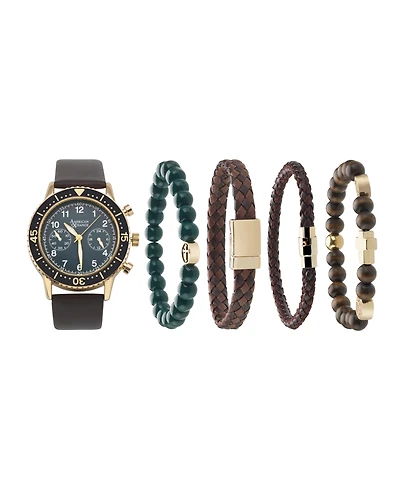 American Exchange Men's Faux-Leather Strap Watch 44mm Gift Set