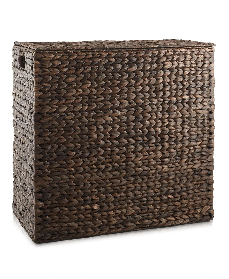 Casafield 2-Section Laundry Hamper with Lid and Removable Liner Bags - Natural, Woven Water Hyacinth Basket for Clothes