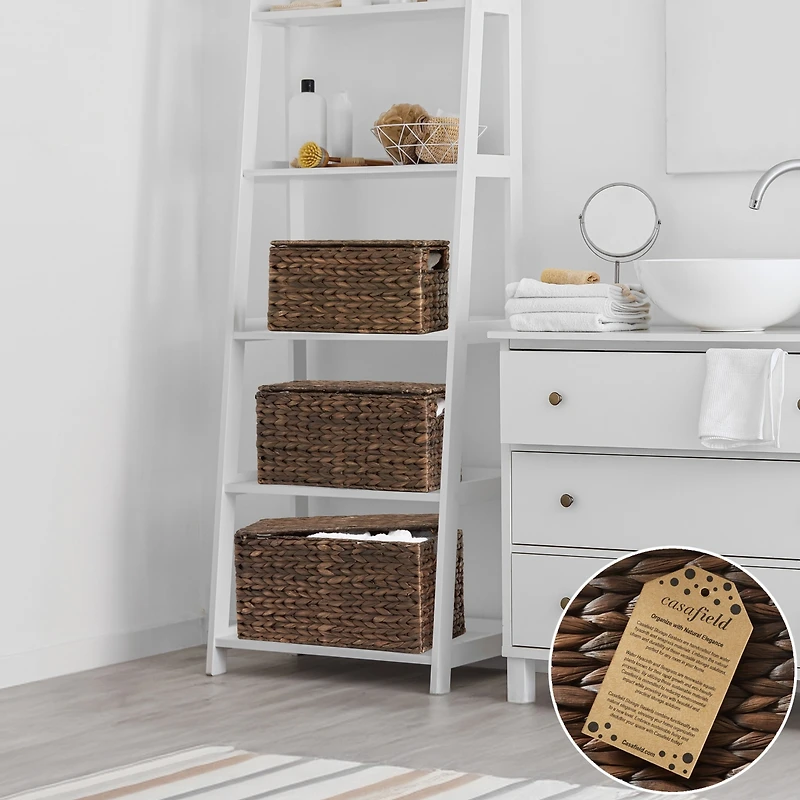 Casafield Set of 3 Water Hyacinth Storage Baskets with Lids, Natural - Small, Medium, Large