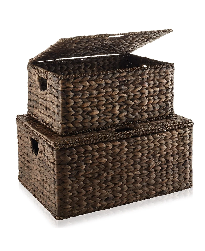 Casafield Set of 3 Water Hyacinth Storage Baskets (Small/Medium/Large), Multipurpose Organizer Rectangular Totes with Removable Lids