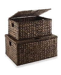 Casafield Set of 3 Water Hyacinth Storage Baskets (Small/Medium/Large), Multipurpose Organizer Rectangular Totes with Removable Lids