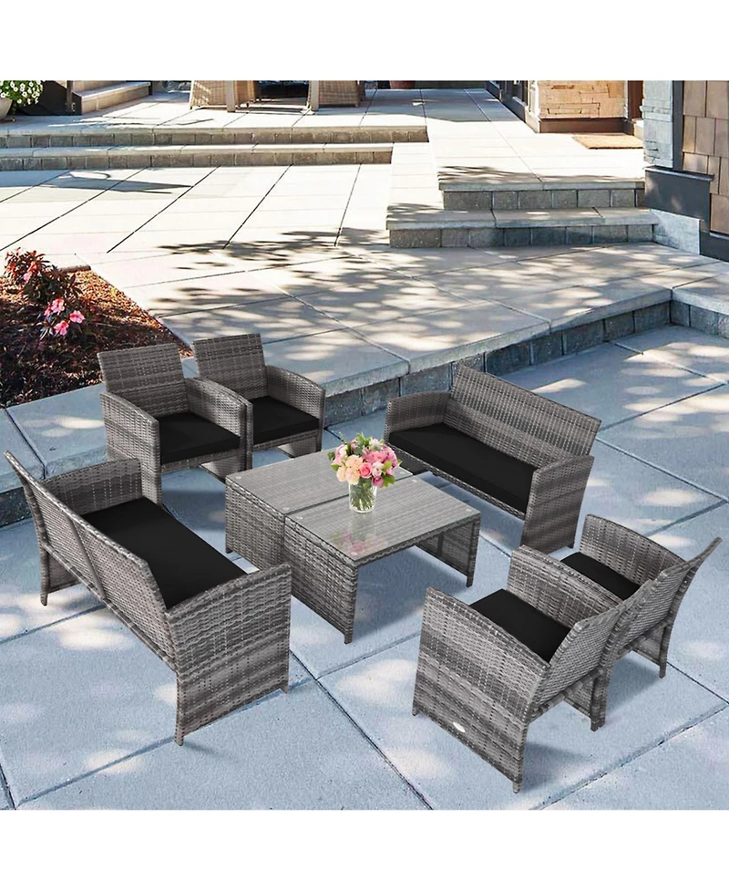 Gymax 8PCS Patio Outdoor Rattan Conversation Furniture Set w/ Black Cushion