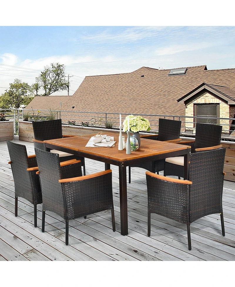 Gymax 7PCS Rattan Outdoor Dining Set Patio Furniture Set w/ Cushions Umbrella Hole