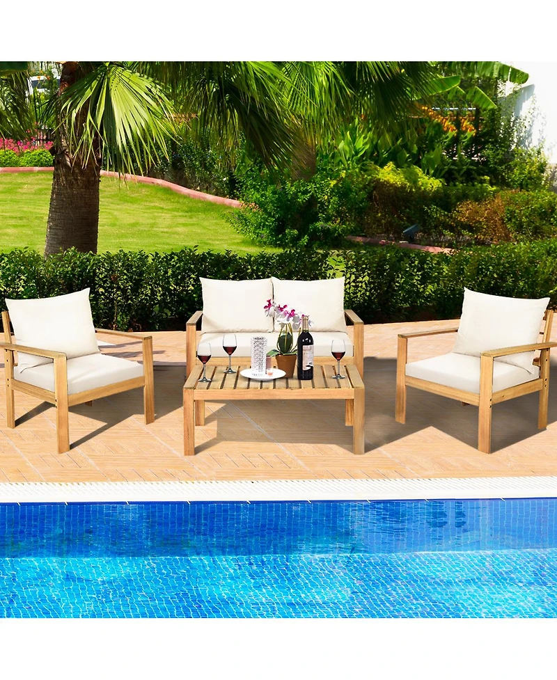 Gymax 4PCS Patio Acacia Wood Conversation Furniture Set w/ Off White Cushions