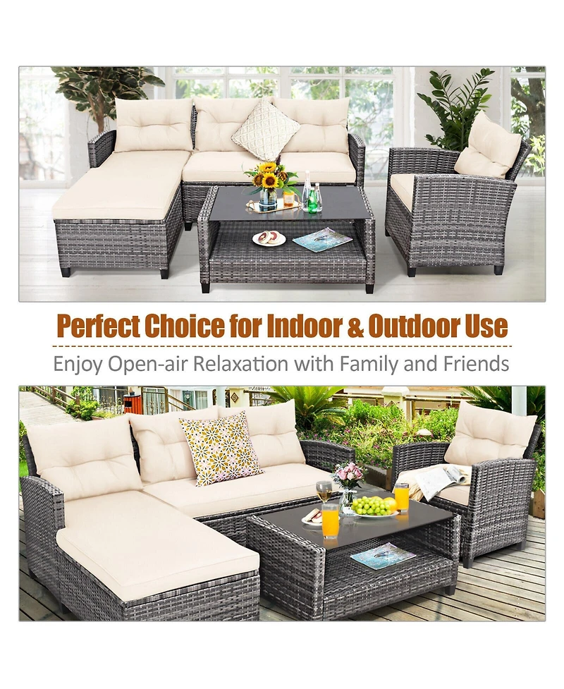 Sugift 4 Pieces Patio Rattan Furniture Set with Cushion and Table Shelf