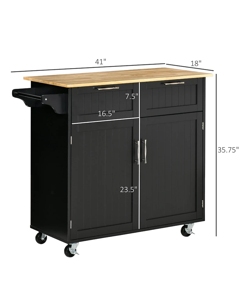Homcom 41" Modern Rolling Kitchen Island on Wheels, Utility Cart Storage Trolley with Rubberwood Top & Drawers, Black