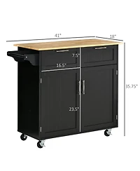 Homcom 41" Modern Rolling Kitchen Island on Wheels, Utility Cart Storage Trolley with Rubberwood Top & Drawers, Black