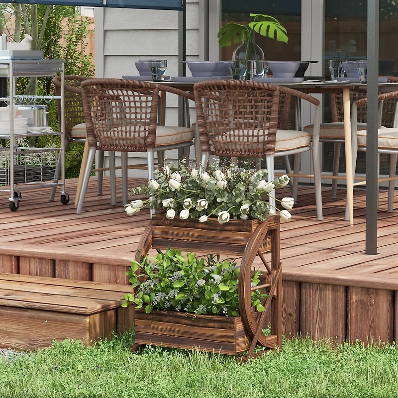 Outsunny Wooden Wagon Planter Box, Decorative 2-Tier Raised Garden Bed