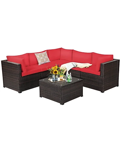 Sugift 6 Pieces Rattan Patio Sectional Sofa Set with Cushions for 4-5 Person