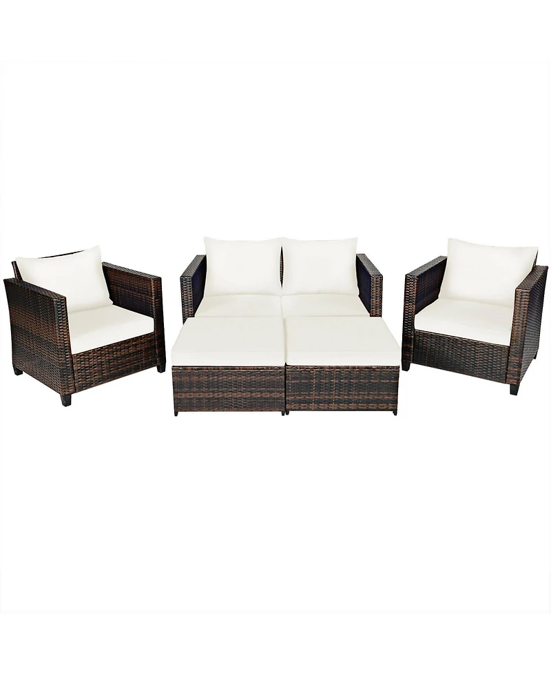 5 Pieces Patio Rattan Furniture Conversation Sets with Removable Cushions