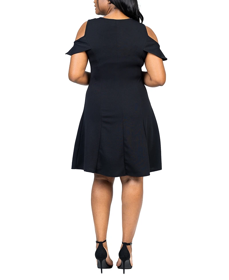 24seven Comfort Apparel Plus Ruffle Cold Shoulder A Line Dress