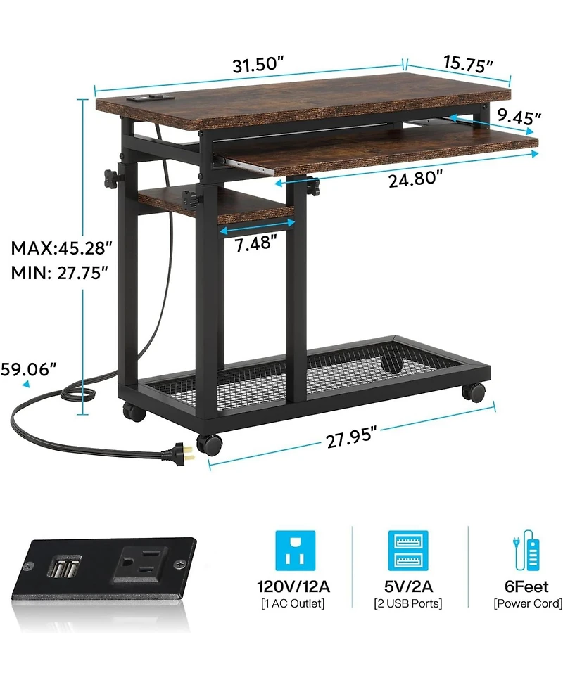 Tribesigns Small Portable Desk with Power Outlet, Height Adjustable Sofa Couch Bedside Laptop Table Wheels, Mobile Standing Rolling Computer