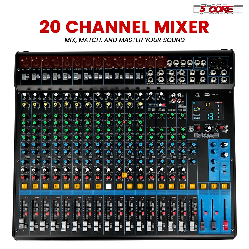 5 Core Audio Dj Mixer 20 Channel Sound Board Console w 24 Spx Effect 48V Phantom Power Mx 20CH Xu