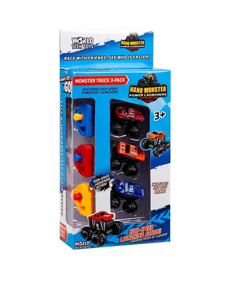 World Tech Toys Nano Monster Power Launchers Spring Key Launcher Mini Toy Truck 3 Pack