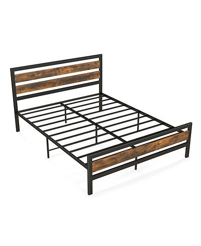 Queen Industrial Bed Frame with Rustic Headboard and Footboard-Queen Size