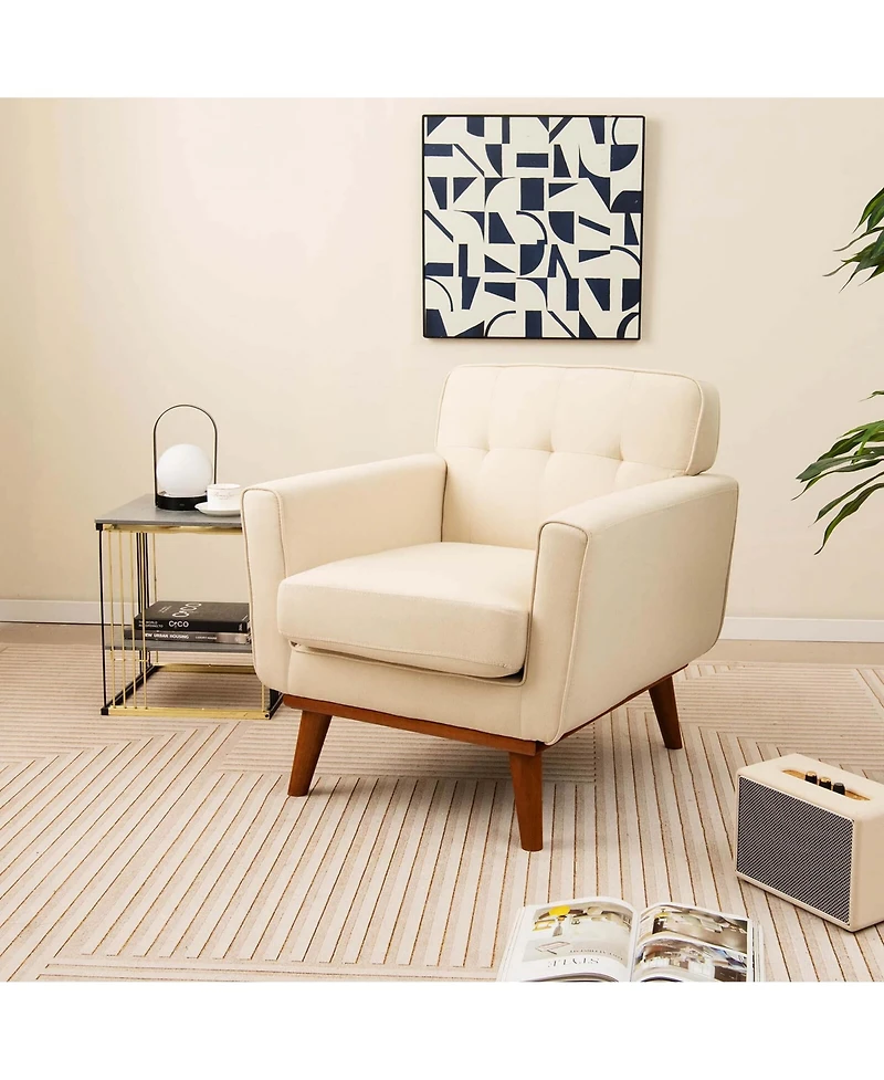 Modern Accent Chair Upholstered Linen Fabric Armchair with Removable Cushion