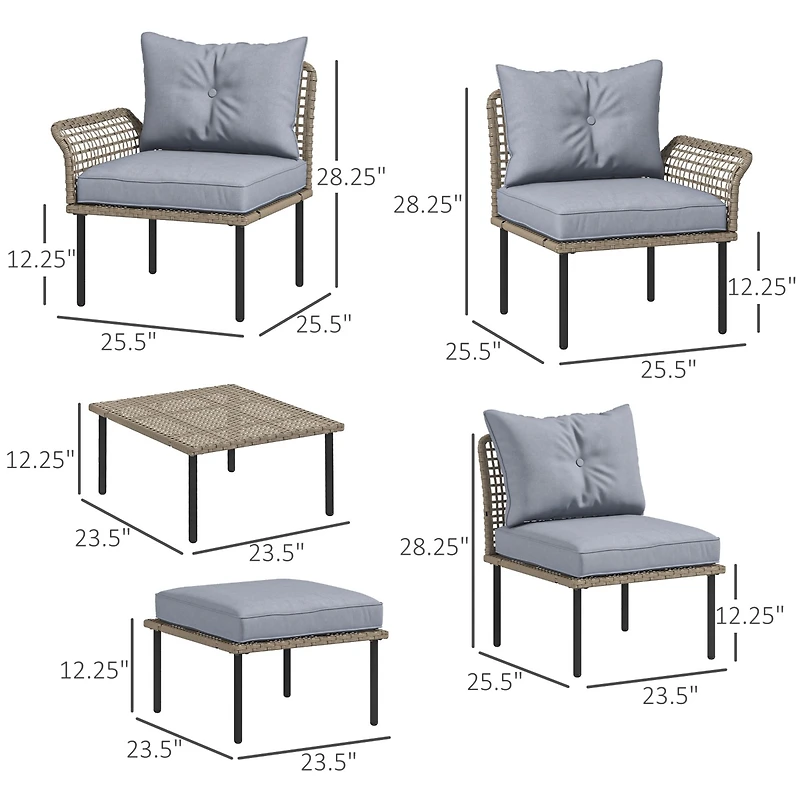 Outsunny 5 PCs Patio Furniture Set with Sofa, Chaise Lounge, Table, Gray