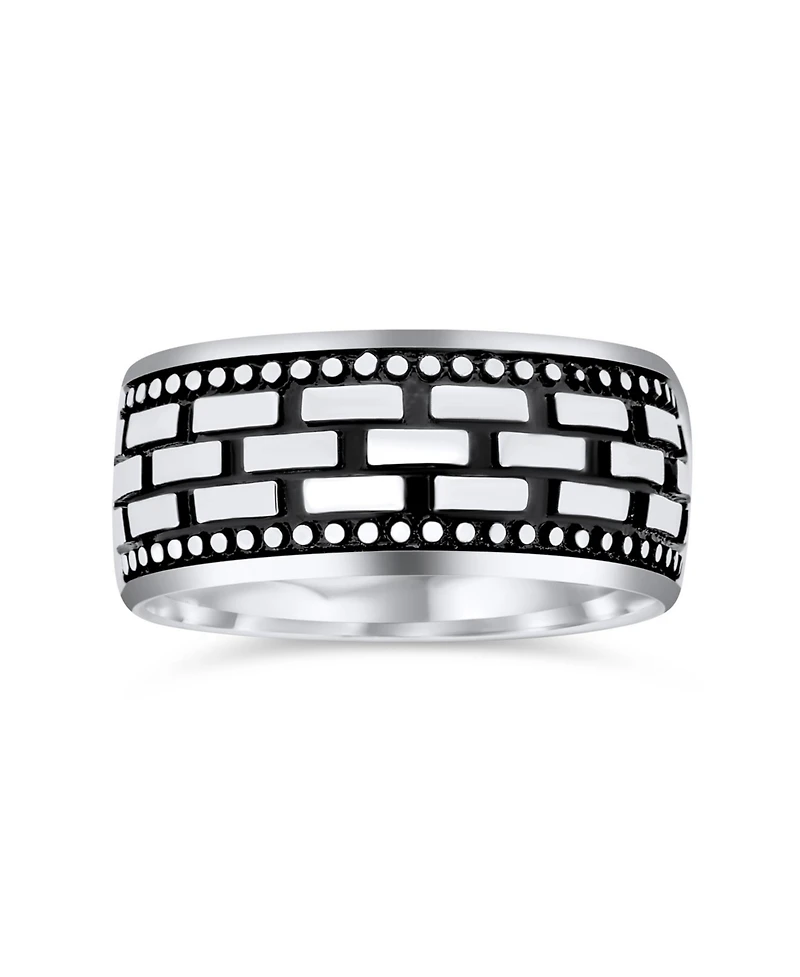 Bling Jewelry Classic Wide Brick Chain Ring Band Solid Blackened Oxidized .925 Sterling Silver Beaded Edge
