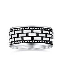 Bling Jewelry Classic Wide Brick Chain Ring Band Solid Blackened Oxidized .925 Sterling Silver Beaded Edge