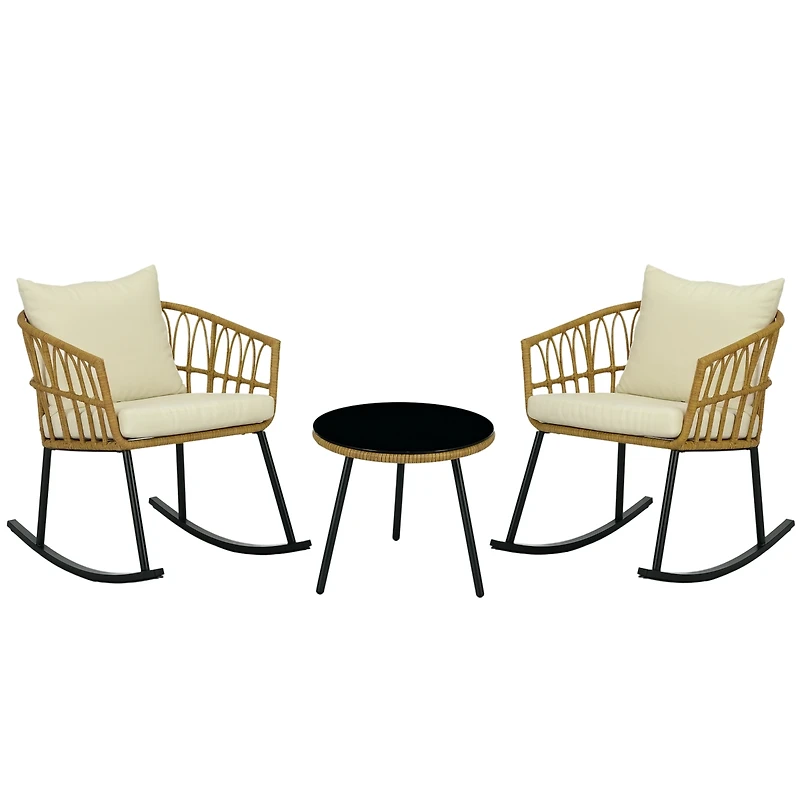 Outsunny 3 Piece Patio Rocking Chair Patio Set w/ Cushions & Glass Top, White